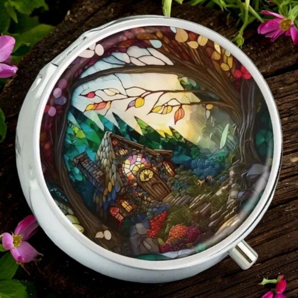 Wonderland Cottage Pill Box Medicine Mini Steel Case Mirrored Travel Purse Size - Picture 2 of 7